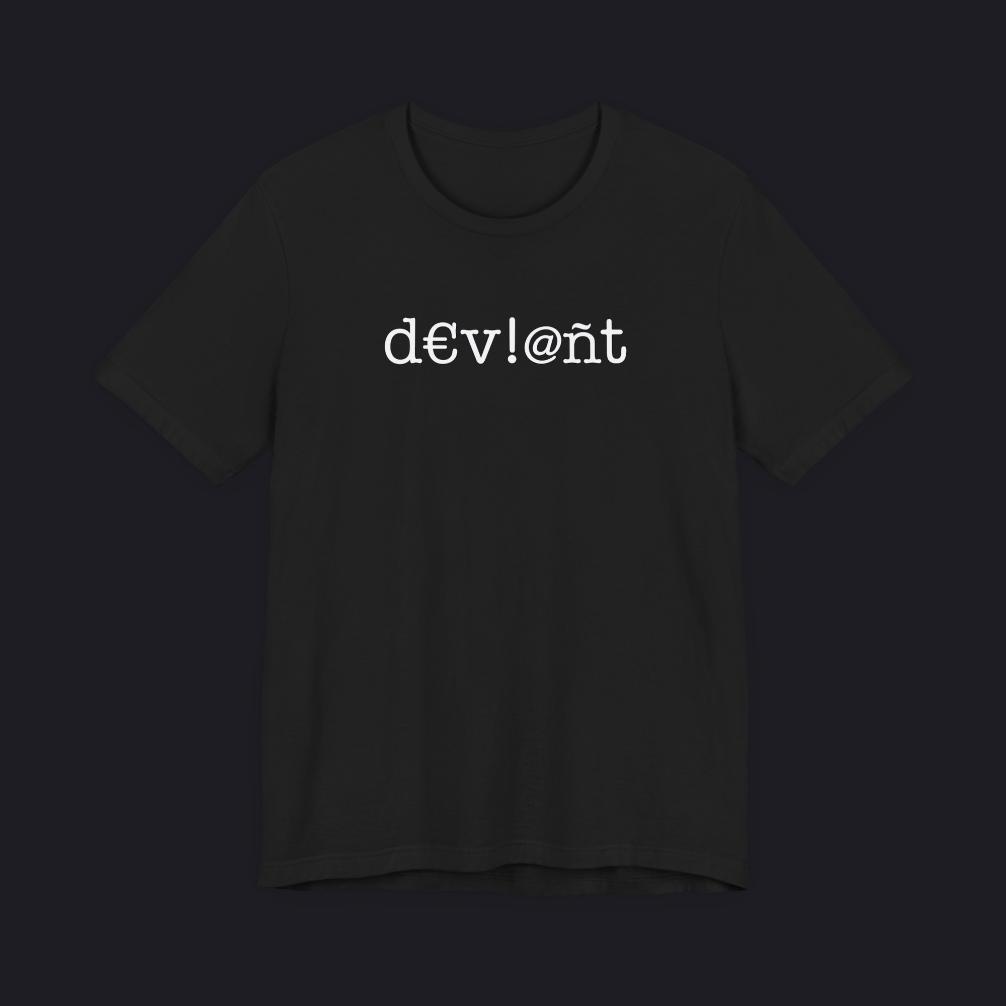 Black tee with d€v!@nt in white across the chest