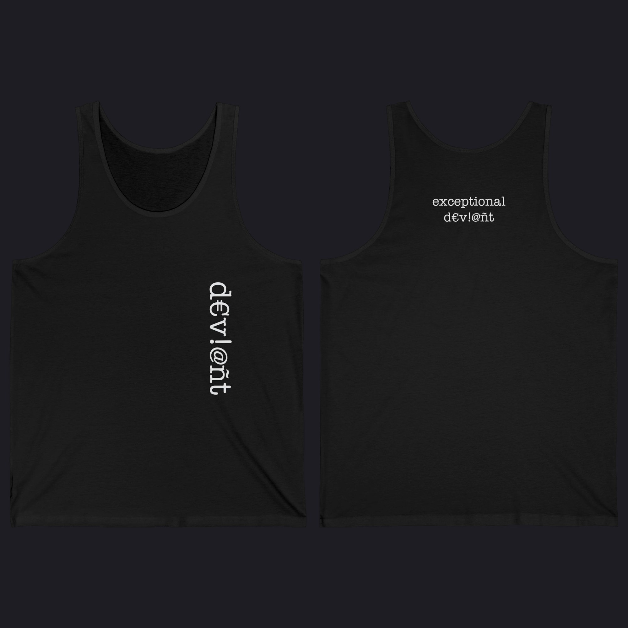 Black tank, front and back: d€v!@nt running down the chest, exceptional d€v!@nt high on the back